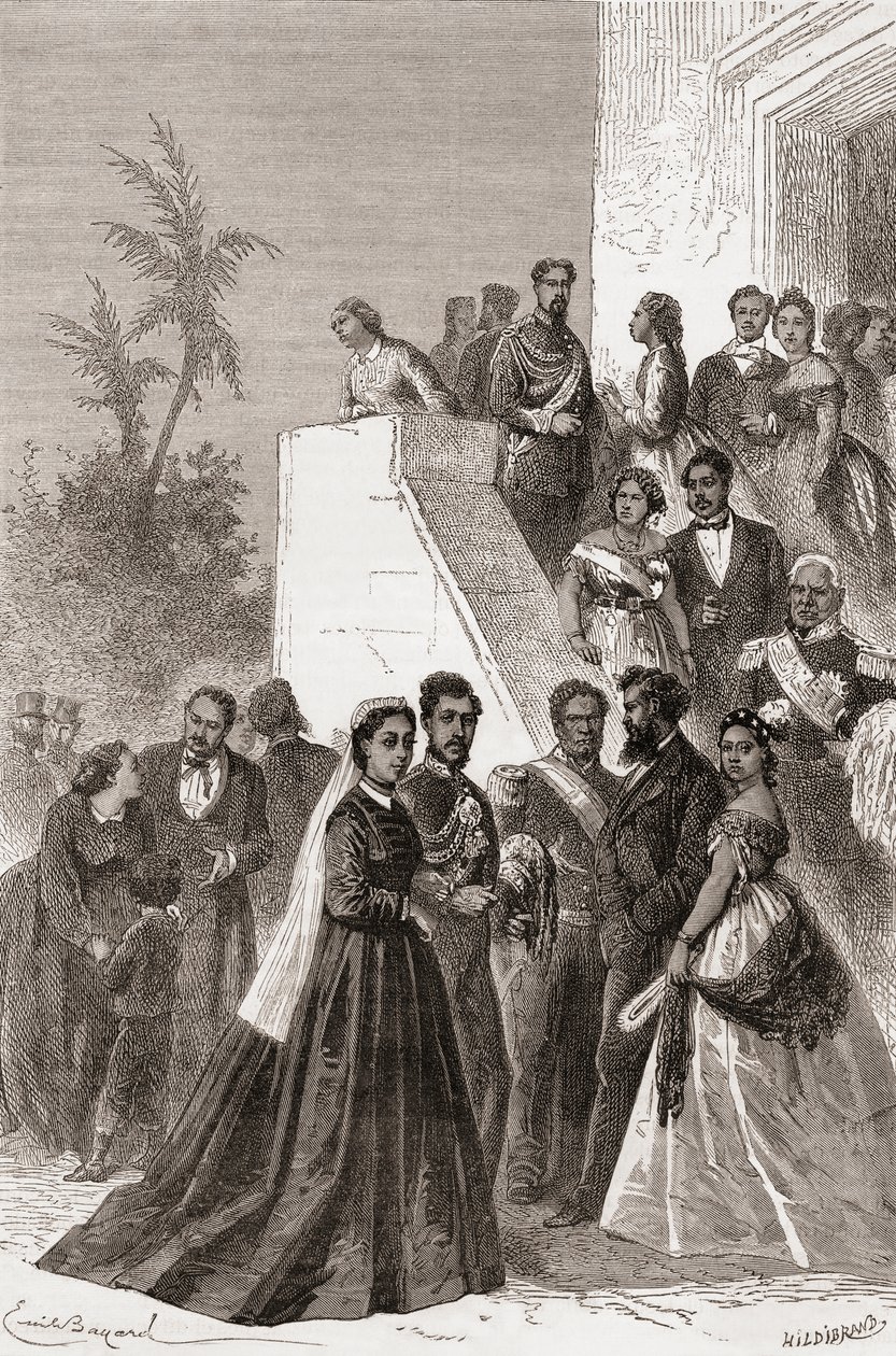 Kamehameha V, centrum, s rodinou, ilustrace ze „Světa v rukou“, rytý Henri Theophile Hildibrand (1824-97), vydáno 1878 od Emile Antoine Bayard