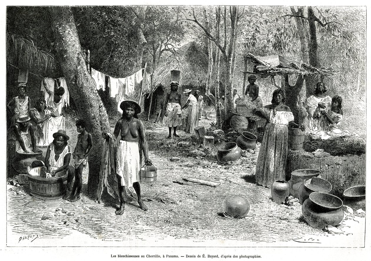 Les blanchisseuses au Chorillo, Panama, rytina podle kresby E.Bayarda pro ilustraci příběhu Průzkum šíjí Panamy a Darienu, od A. Recluse, poručíka lodi, v letech 1876 až 1878, publikovaný v tour du monde, pod vedením od Emile Antoine Bayard