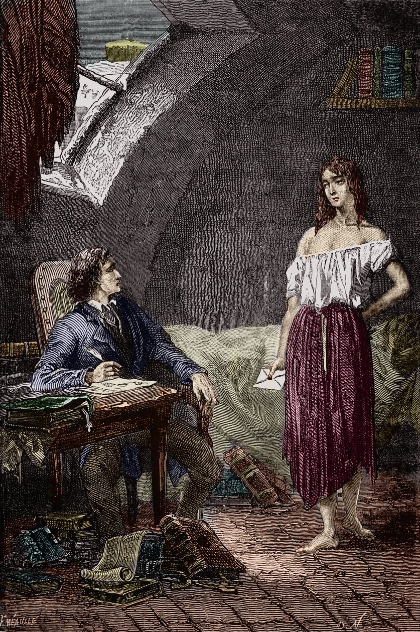 Marius a Eponine, starší dcera Thenardierů a zamilovaná do Maria Ilustrace románu „Les Miserables“ od Victora Huga (1802-1885) Ilustrace Emile Bayard - (Eponine Thenardier (dívka Jondrette) a Marius) Rytina Soukromá sbírka od Emile Antoine Bayard