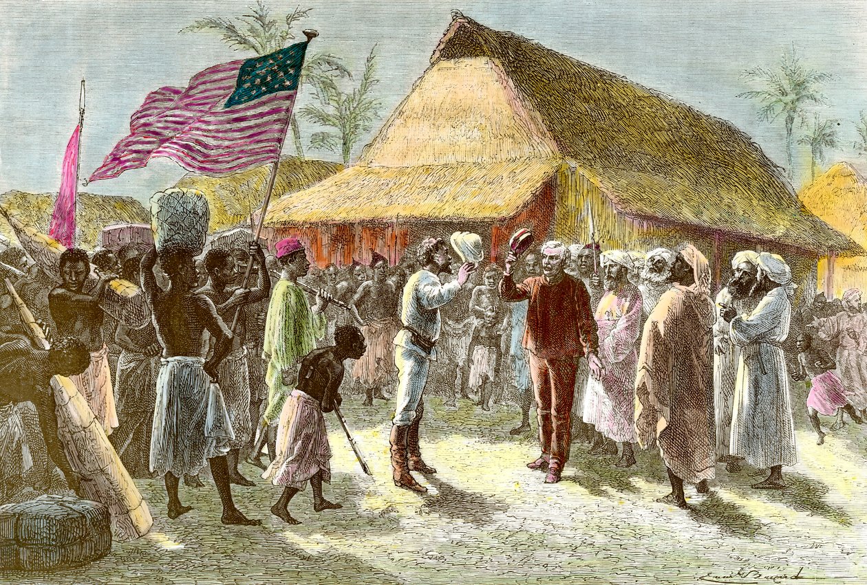 Setkání v Ujiji na břehu jezera Tanganika mezi Henrym Mortonem, explodářem a novinářem z Walesu (1841-1904) a Davidem Livingstonem, skotským misijním průzkumníkem afrického kontinentu (1813-1873), 10. listopadu od Emile Antoine Bayard