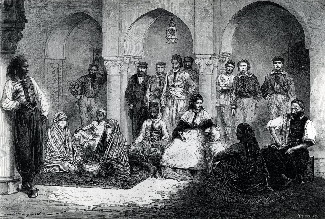 Slečna Tinne se svým domácím personálem, Alžír, ilustrace z „Le Tour du Monde“, 1871 od Emile Antoine Bayard
