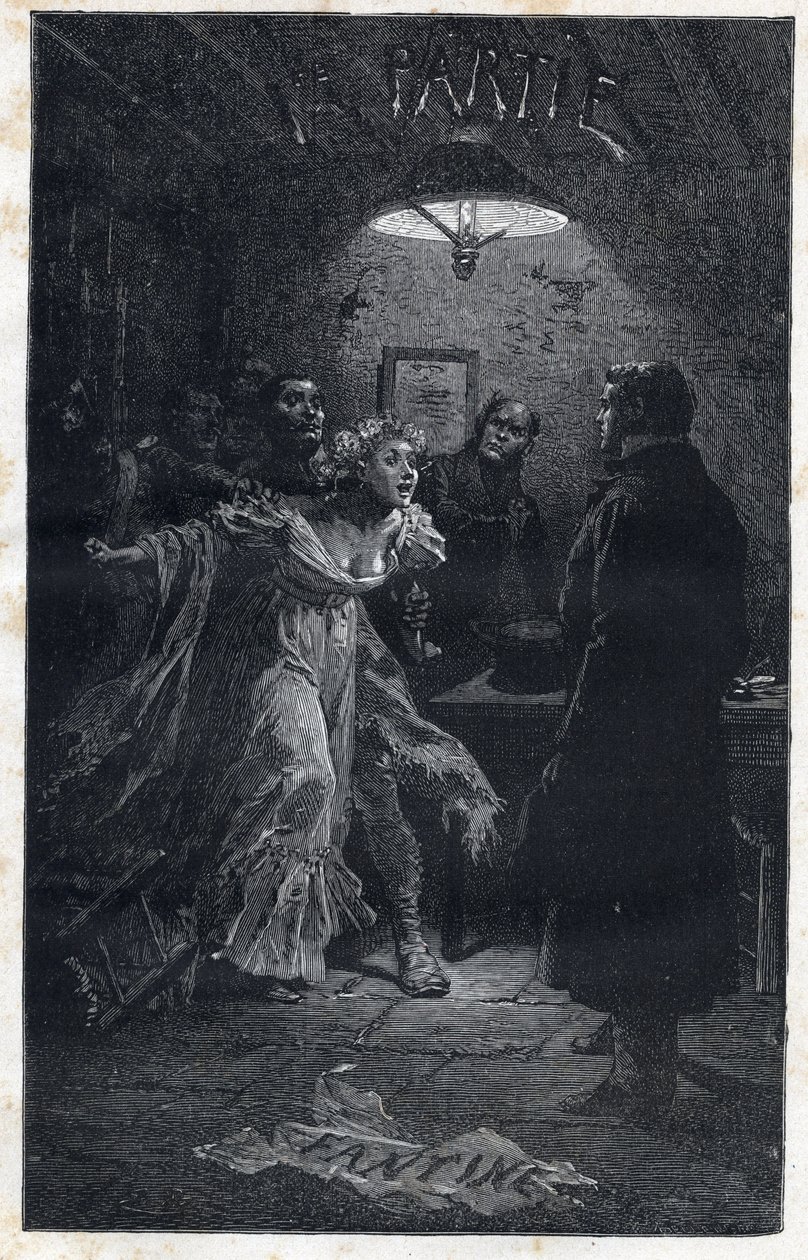 Monsieur Madeleine přichází na pomoc Fantine v době jeho zatčení Javertem - Ilustrace Emile Bayard (1837-1891) pro „“ Les mizerables – Premiere party: Fantine“ od Victora Huga (1802-1885) 1862 od Emile Antoine Bayard