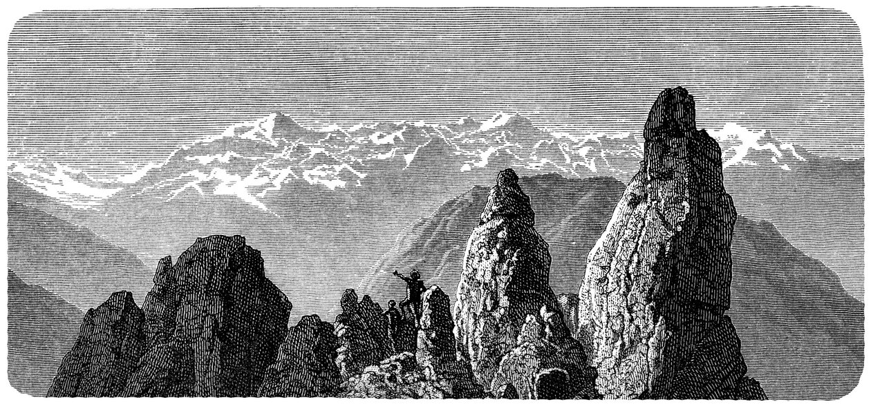 Vrchol hory s názvem Pierre a Voir poblíž lázní Saxon ve Valais, švýcarské Alpy. Ilustrace Emile Bayard pro knihu Alberta Dupaigne „Les Montagnes“, vydání Mame 1881. od Emile Antoine Bayard
