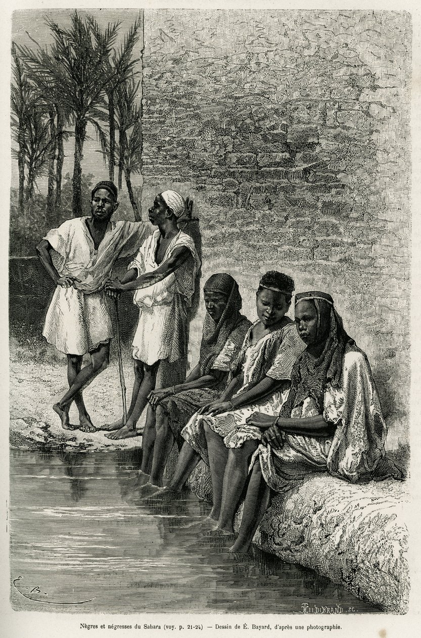 Negresové a negresové ze Sahary, na březích Oued Rihr. Rytina E. Bayarda pro ilustraci Alžírské Sahary, V. Largeau, v letech 1874-1878, publikovaná v Tour du monde, pod vedením Edouarda Chartona (1807-1890) od Emile Antoine Bayard