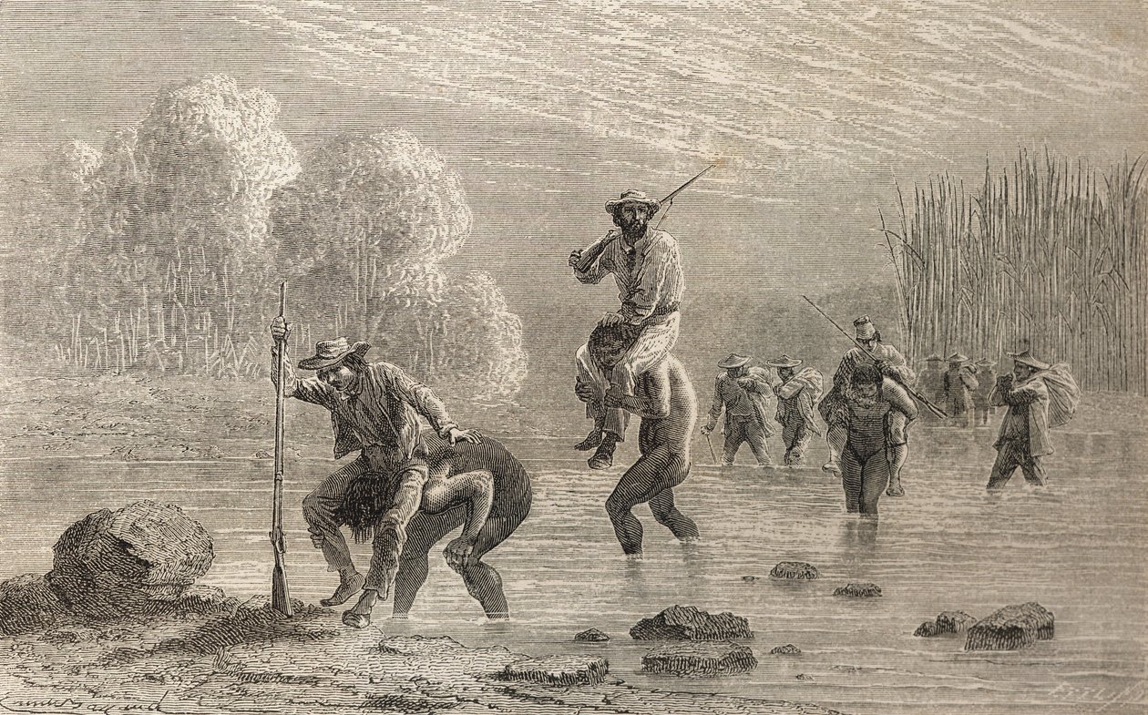 Paul Marcoy a jeho expedice jsou neseni přes bažinu v Argentině indiány Chuncho v roce 1874, ilustrace z „The World in the Hands“, vydané v roce 1878 od Emile Antoine Bayard