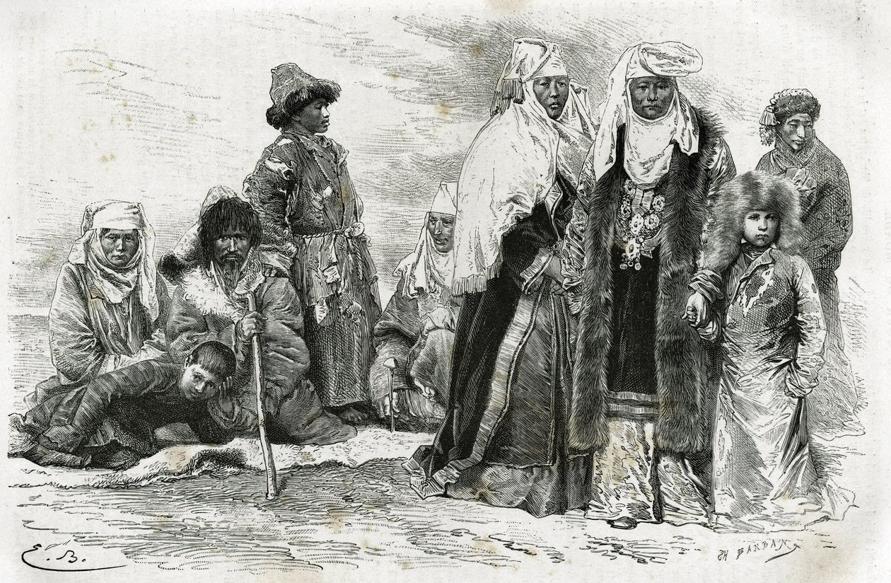 Chudé a bohaté kyrgyzské ženy. Rytina Emila Bayarda pro ilustraci cest z Orenburgu do Samarkandu, Marie de Ujfalvy-Bourdon, mezi 1876 a 1878, v Tour du monde, režie Edouard Charton od Emile Antoine Bayard