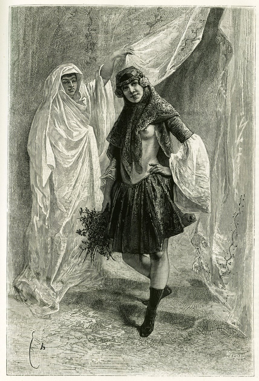 Portrét Ziba Khanoum, perské princezny. Rytina od E. Bayarda po fotografii pro ilustraci příběhu „Persie, Chaldee a Susiane““ v letech 1881-1882 od Jane Dieulafoy (rozené Magre) od Emile Antoine Bayard