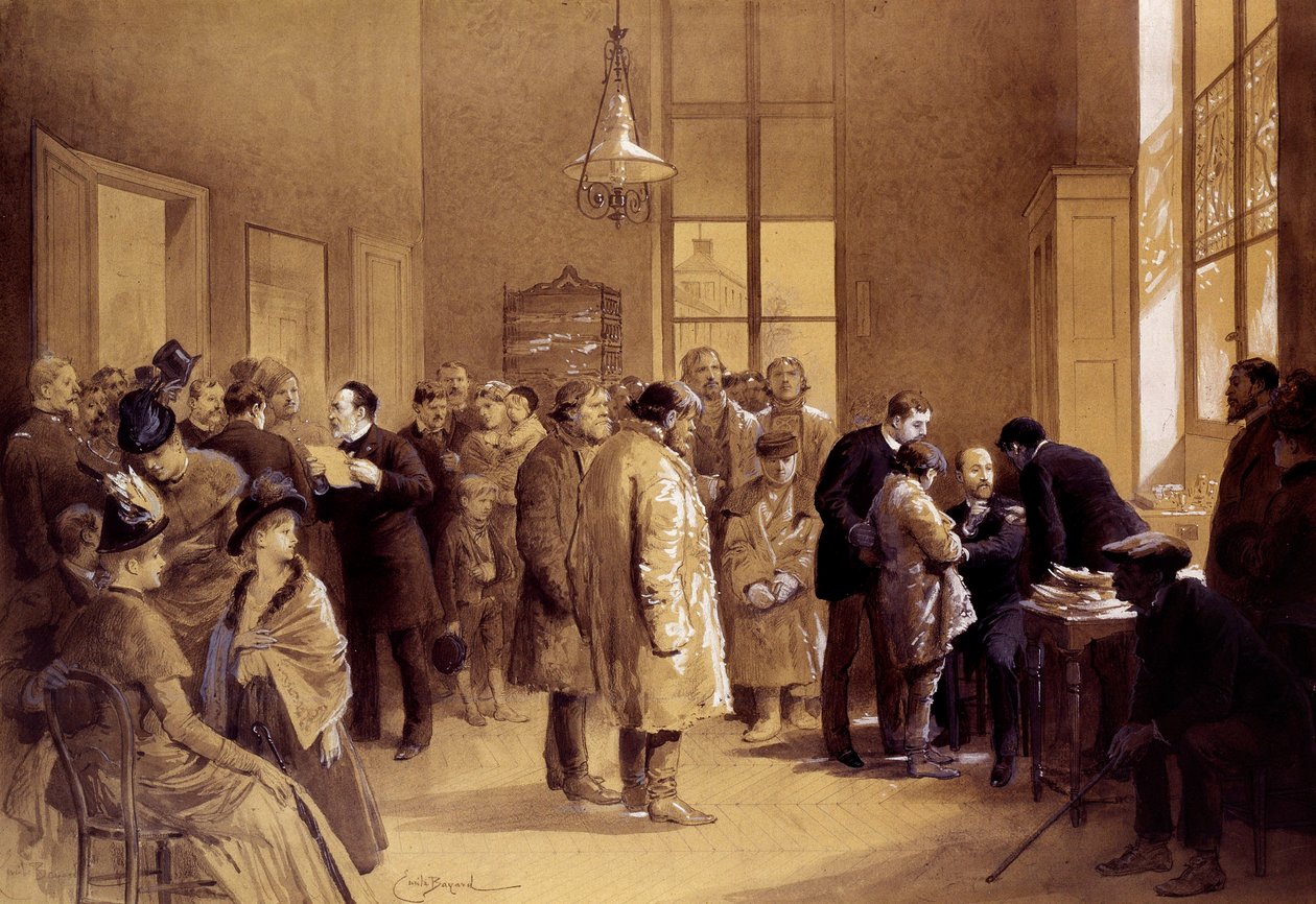 Očkování proti vzteklině: Louis Pasteur (1822-1895) apeloval na fanoušky, zatímco Dr. Gaucher očkoval ruské dítě, Joseph Meister, proti vzteklině dne 6. 7. 1885 v laboratoři na Ulm Street.“ Tisky Emila Bayarda (1837-1891) 1886 Paříž, Pasteurovo muzeum od Emile Antoine Bayard