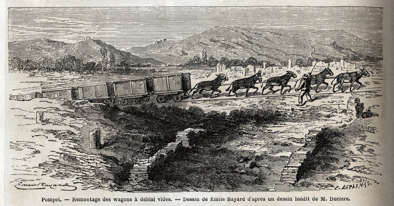 Opětovná montáž prázdných vozů během vykopávek v Pompejích v roce 1864, kresba Emila Bayarda (1837-1891), pro ilustraci textu Marca Monniera (1829-1885) „“Pompeje a Pompeje““. Rytina v „“ Le tour du monde““, editoval Edouard Charton od Emile Antoine Bayard