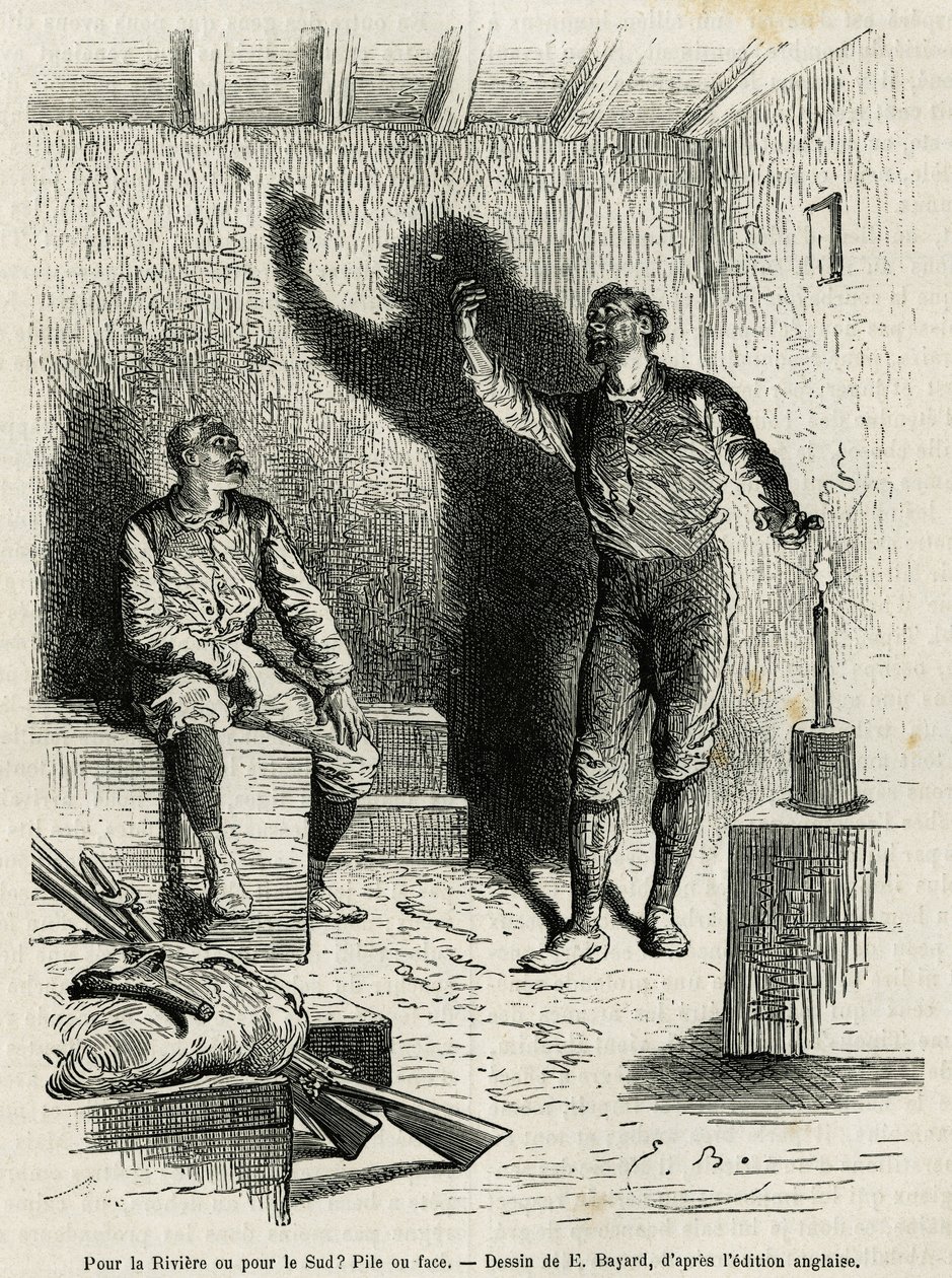 Sir Henri Morton Stanley (1841-1904) a Franck Pock, jeho společník na průzkum, rozhodli o hromadě nebo tváři itineráře své cesty, kterou nakreslil Emile Bayard, aby ilustrovali příběh „Through the Mysterious Continent““ (Rovníková Afrika), plavba c od Emile Antoine Bayard