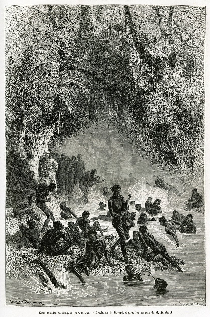 Sir Henri Morton Stanley (1841-1904) uprostřed koupajících se v regionu Karagoue (Kamerun), kteří se ponoří do horké a léčivé vodní nádrže v soutěsce Mtagata, kresba Emile Bayard, aby ilustrovala příběh „Through the Mysterious kontinent“, a od Emile Antoine Bayard