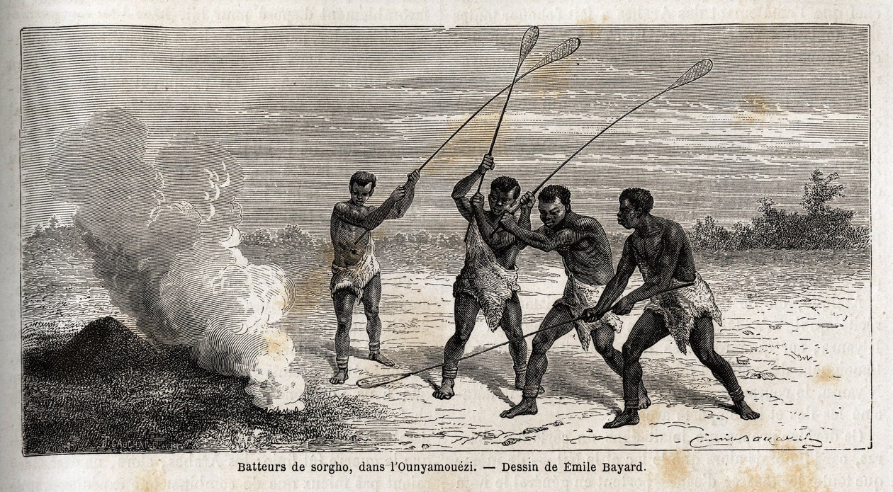 Sorghum bubeníci, v ounyamouezi (oblast Velkých jezer, Afrika), kresba Emila Bayarda (1837-1891), ilustrující cestu kapitána Spekeho za objevy v Africe v letech 1860 až 1863. Rytina v „“Le tour du monde““, editoval Eduard Charton od Emile Antoine Bayard