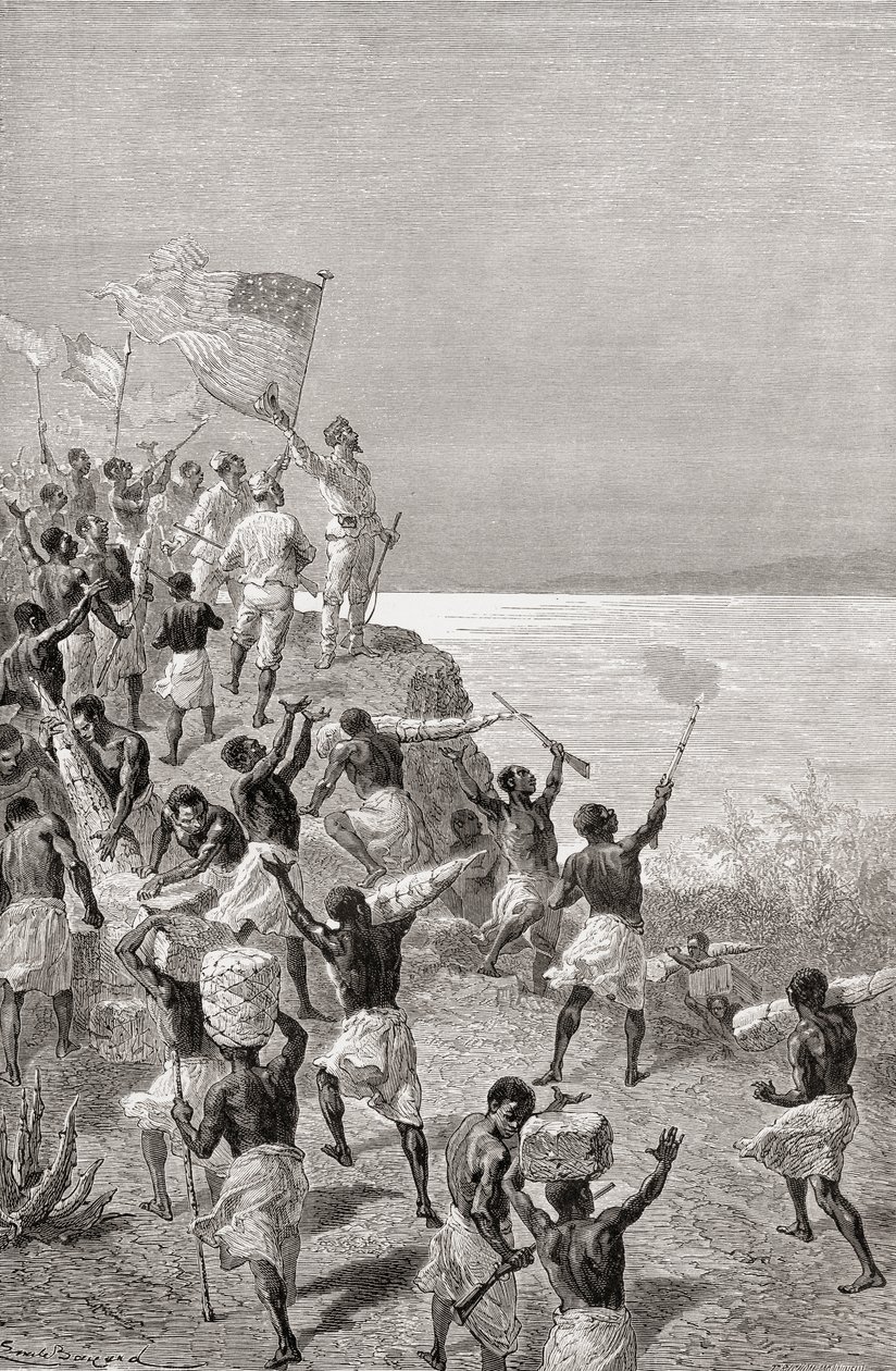 Stanley a jeho expedice poprvé spatřili Tanganiku ve východní Africe v roce 1872, ilustrace z „The World in the Hands“, vydané v roce 1878 od Emile Antoine Bayard