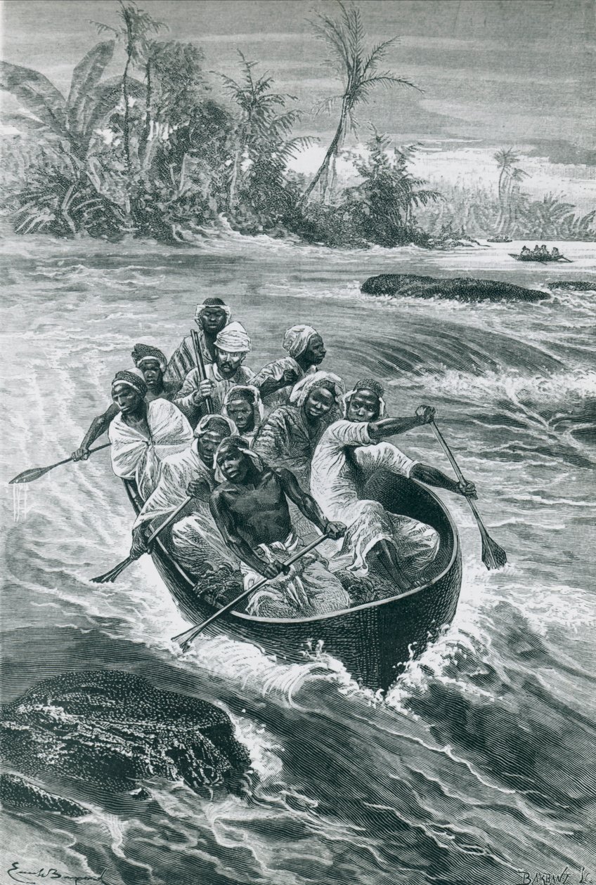 Stanley překonává peřeje na řece Kongo, kresba Emile Bayard od Emile Antoine Bayard