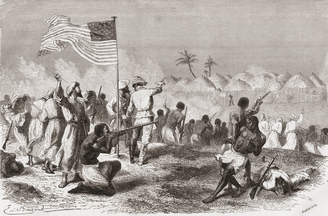 Stanleyho útok na Zimbizo během jeho expedice v roce 1871, ilustrace z 
