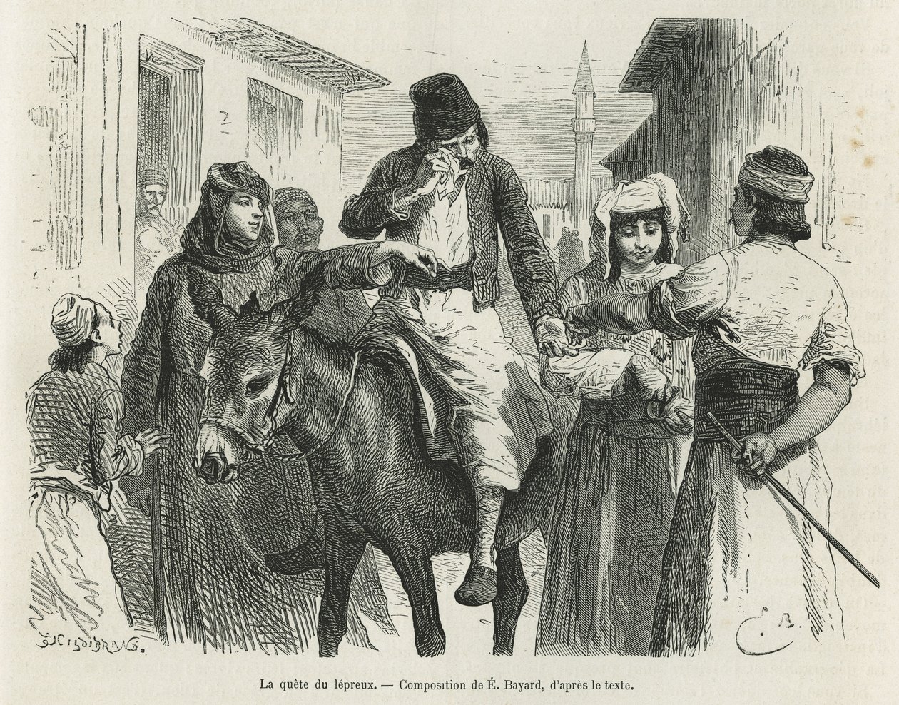 The Leproux Quest in Chio, kresba Emile Bayard, pro ilustraci příběhu „Ostrov Chio“ (východní Turecko), v roce 1877, od Dr. A.Testevuide. Rytina v Le tour du monde od Emile Antoine Bayard