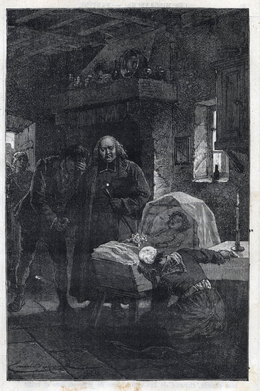 Myriel Eveque se truchlící rodinou – ilustrace Emile Bayarda (1837–1891) k filmu „Miserables – First Part: Fantine“ od Victora Huga (1802–1885) 1862 od Emile Antoine Bayard