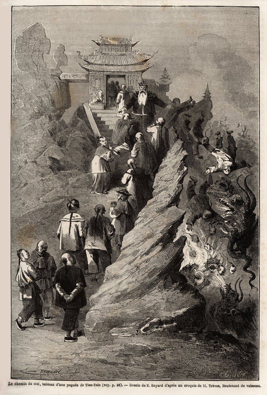 The Way of Heaven, kresba E. Bayarda, podle malby z pagody do Tien Tsin, ilustrující cestu ze Šanghaje do Moskvy v letech 1859 až 1862 od M.de Bourboulona, francouzského ministra v Číně. Rytina v „“ Le tour du monde““, editoval Edou od Emile Antoine Bayard