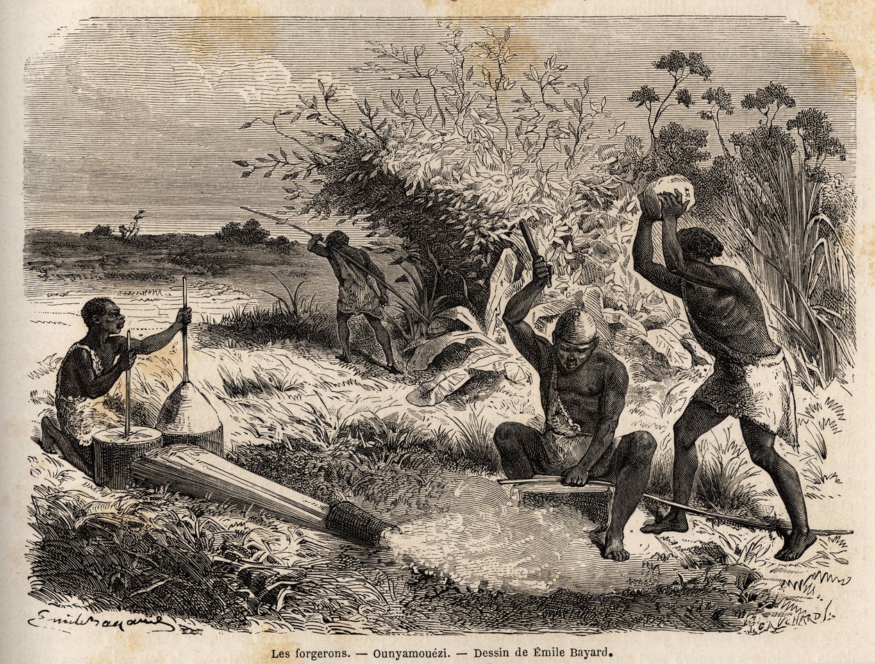Kováři v ounyamouezi (oblast Velkých jezer, Afrika), kresba Emila Bayarda (1837-1891), ilustrující objevnou cestu v Africe v letech 1860 až 1863 kapitána Spekeho. Rytina v „“Le tour du monde““, editoval Edouard Charton od Emile Antoine Bayard