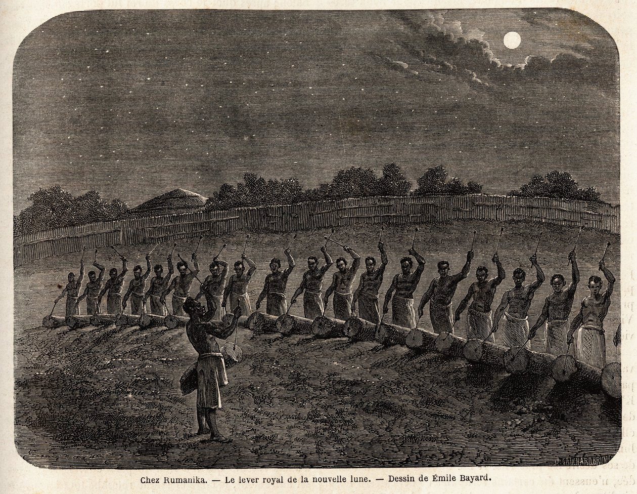 Obřad bubnů pro východ nového měsíce v čele kmene Rumanika v Karague (západně od Viktoriina jezera, v dnešním Zimbabwe), kresba Emile Bayarda (1837-1891), ilustrující plavbu kapitána Spekeho objevu v Africe z roku 186 od Emile Antoine Bayard