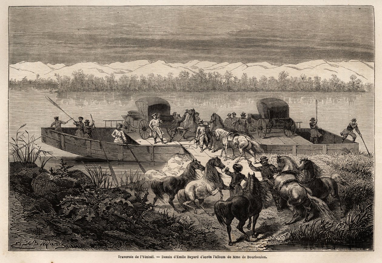 Přechod řeky Jenisej (Rusko), kresba Emila Bayarda (1837-1891) pro ilustraci cesty ze Šanghaje do Moskvy v letech 1859 až 1862 pana de Bourboulona, francouzského ministra do Číny. Rytina do „“Le tour du monde““, editoval Edouard C od Emile Antoine Bayard