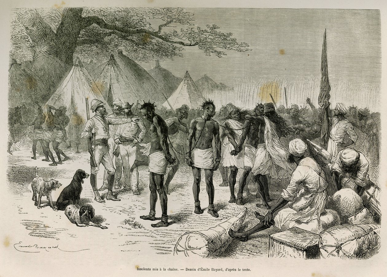 Drzé nosiče expedice zapojené do řetězu, kresba Emile Bayard, pro ilustraci příběhu: Napříč Afrikou, ze Zanzibaru (Tanzanie) do Benguely (Angola), v letech 1872 až 1876, poručík V.H.Cameron. Rytina v Le tour du monde od Emile Antoine Bayard