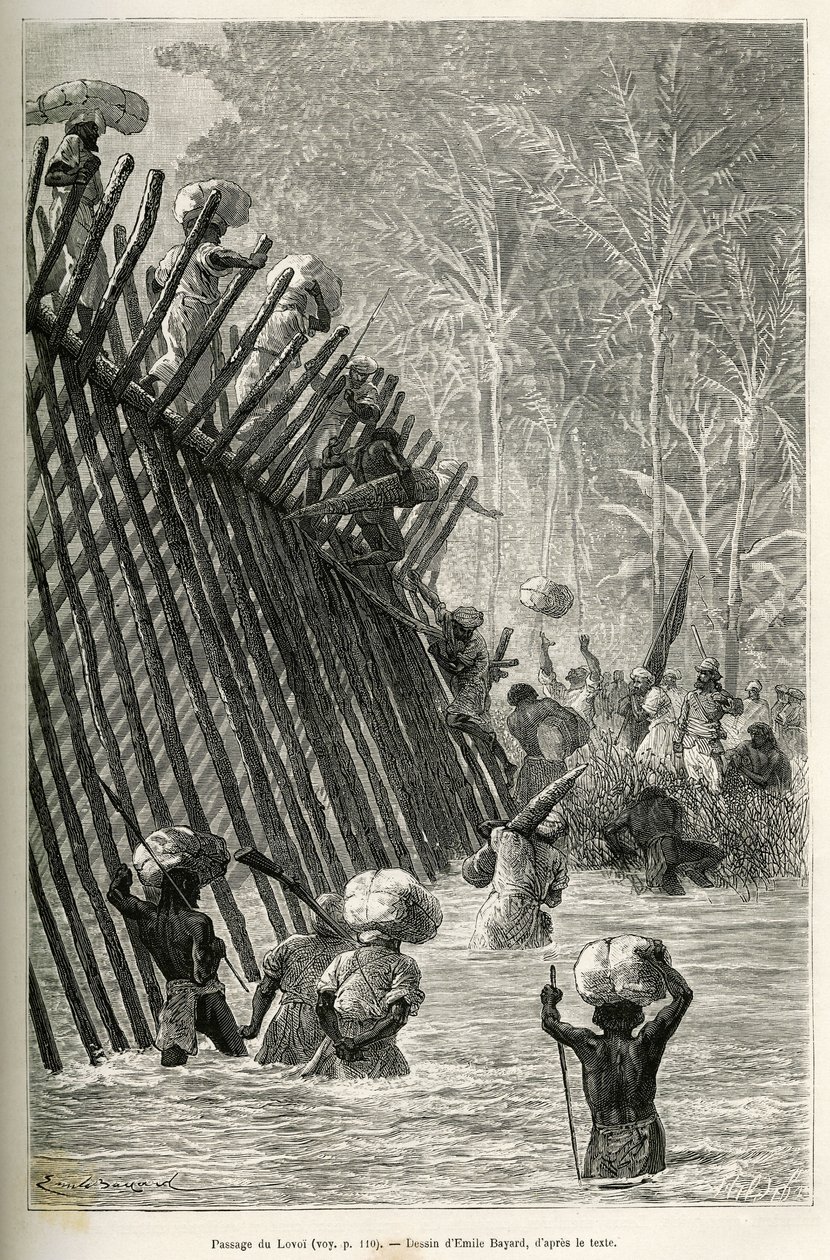 Průchod řeky Lovoi (nebo řeky ďábla) (oblast Katanga, Kongo) expedicí, kresba Emile Bayarda, pro ilustraci cesty Afrikou, ze Zanzibaru (Tanzanie) do Benguely (Angola), v letech 1873 až 1876 , britským velitelem V.L. od Emile Antoine Bayard