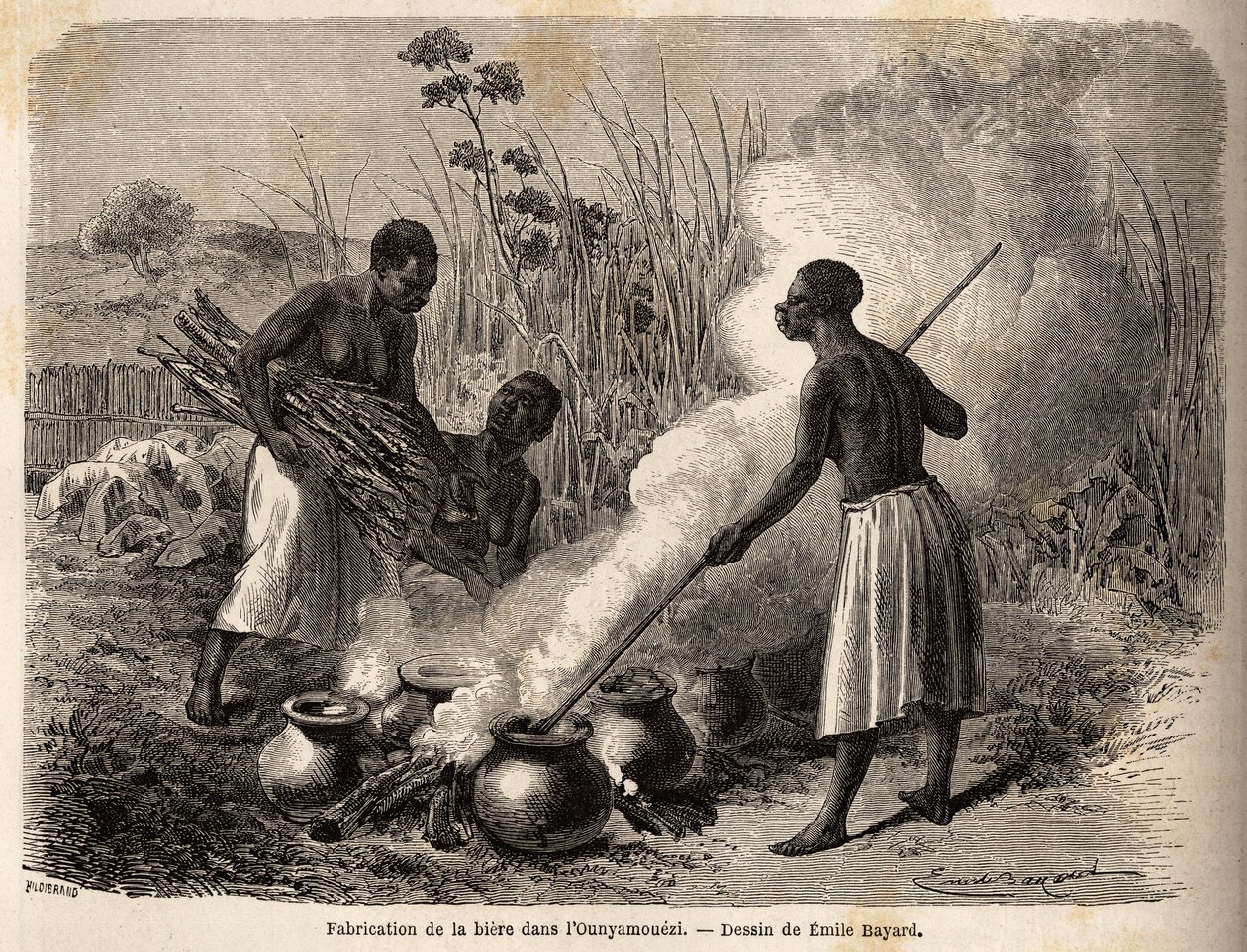 Výroba piva v ounyamouezi (oblast Velkých jezer, Afrika), kresba Emila Bayarda (1837-1891), ilustrující objevnou cestu v Africe v letech 1860 až 1863 kapitána Spekeho. Rytina v „“Le tour du monde““, editoval Edouard Charton od Emile Antoine Bayard
