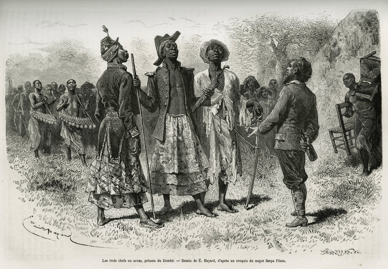 Tři dirigenti (neboli sovas), princové z Dombe (Angola) a jejich suita hudebníků a dvořanů, se setkají s průzkumníkem S.Pintem. Rytina Emila Bayarda pro ilustraci příběhu, jak jsem prošel Afriku, od Atlantského oceánu po Indiu od Emile Antoine Bayard