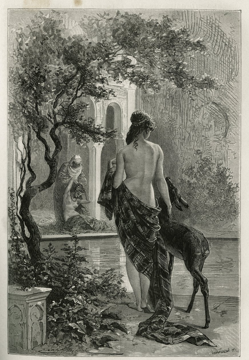 Un jardin à Fes, rytina Emila Bayarda k ilustraci příběhu o Maroku od Edmonda de Amicis z roku 1875, publikovaná v Tour du Monde pod vedením Edouarda Chartona. od Emile Antoine Bayard