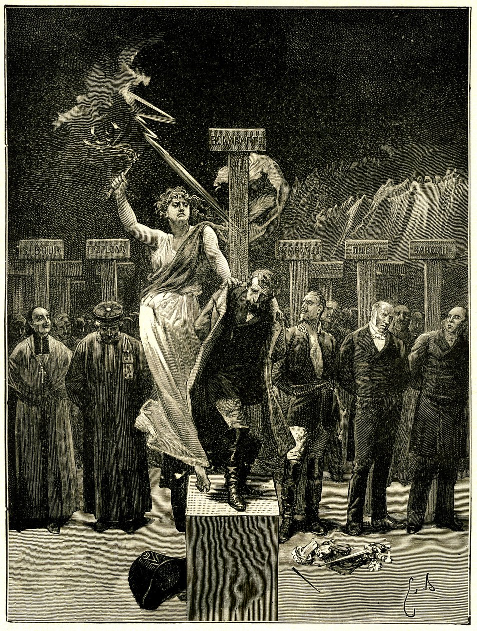 Victor Hugo, Les Chatiments, ilustrace Emile Bayard. ““ Bylo by chybou věřit, že tyto věci/skončí s písněmi a apoteózami“““. Říká se, že tato evokace budoucnosti způsobila hrůzu Napoleona 3. od Emile Antoine Bayard