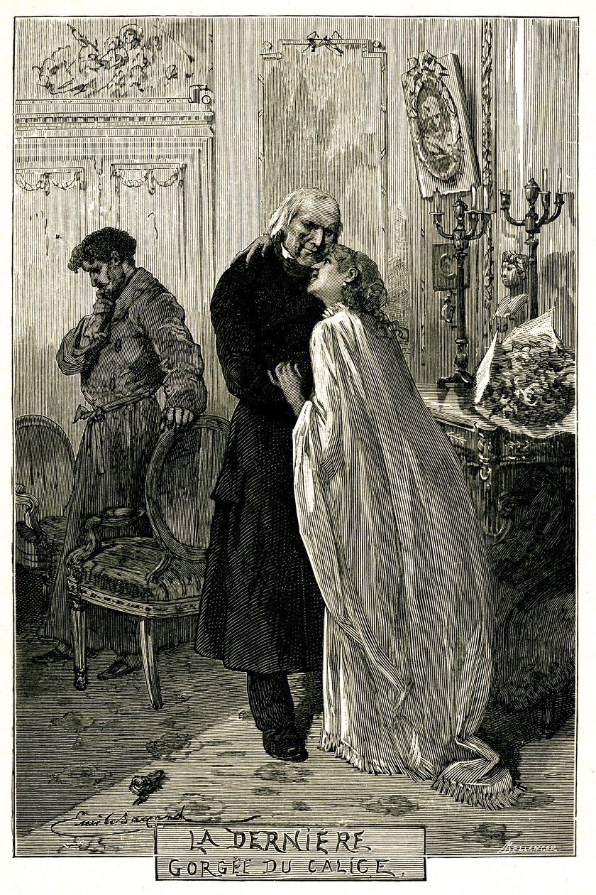 Victor Hugo „Bídníci“, „Poslední soutěska kalicha“. Ilustrace Emile Bayard. Bývalý forcat Jean Valjean zestárnul s Cosette a Mariusem. Rytina edice Ollendorff 1906. od Emile Antoine Bayard