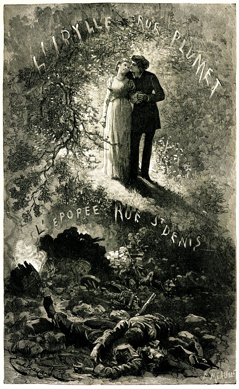 Miserables Victora Huga: sentimentální zápletka na pozadí historické fresky. Milenci Cosette a Marius (láska - idyla rue Plumet) a pařížské barikády (Revoluce - Epopee rue St Denis (Saint-Denis). Ilustrace Emile Bayard pro Oll od Emile Antoine Bayard