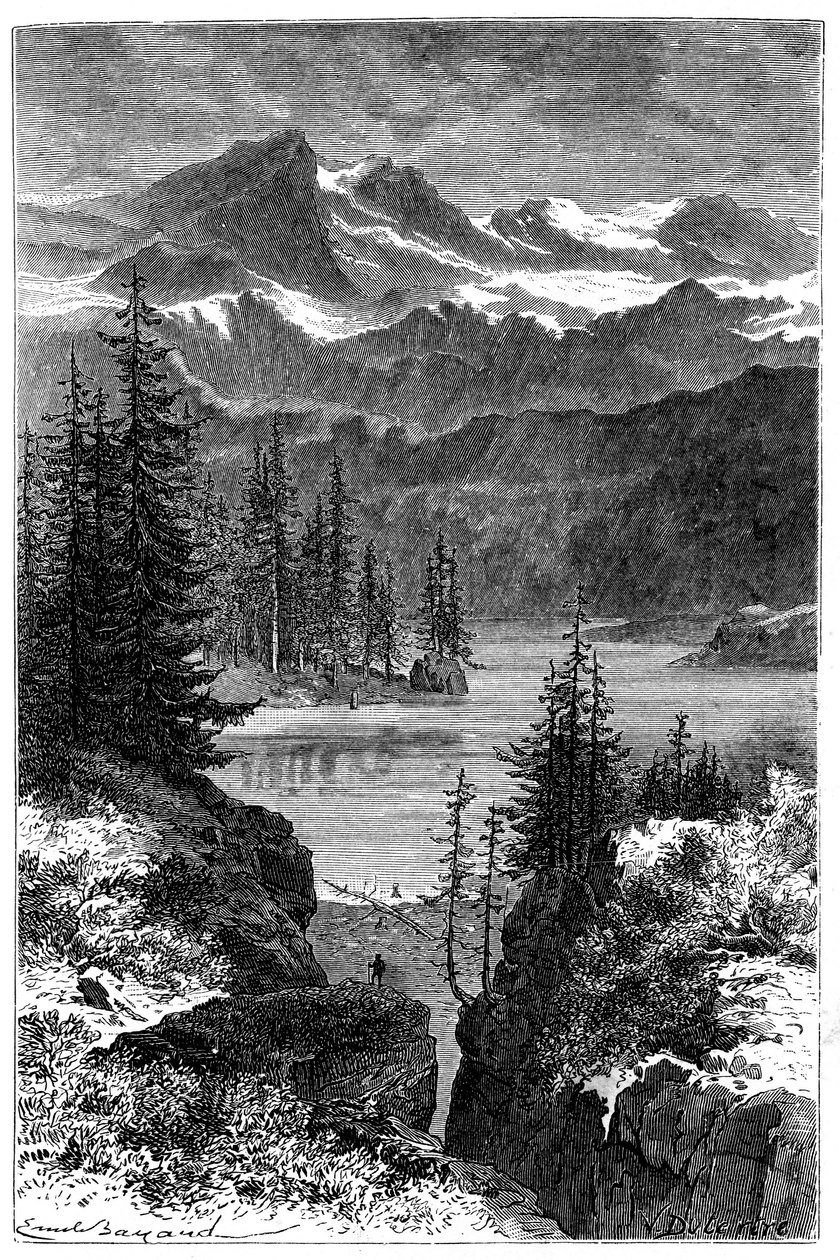 Pohled na Alpy: les, jezero, vrcholy. Ilustrace Emile Bayard ke knize Les Montagnes d