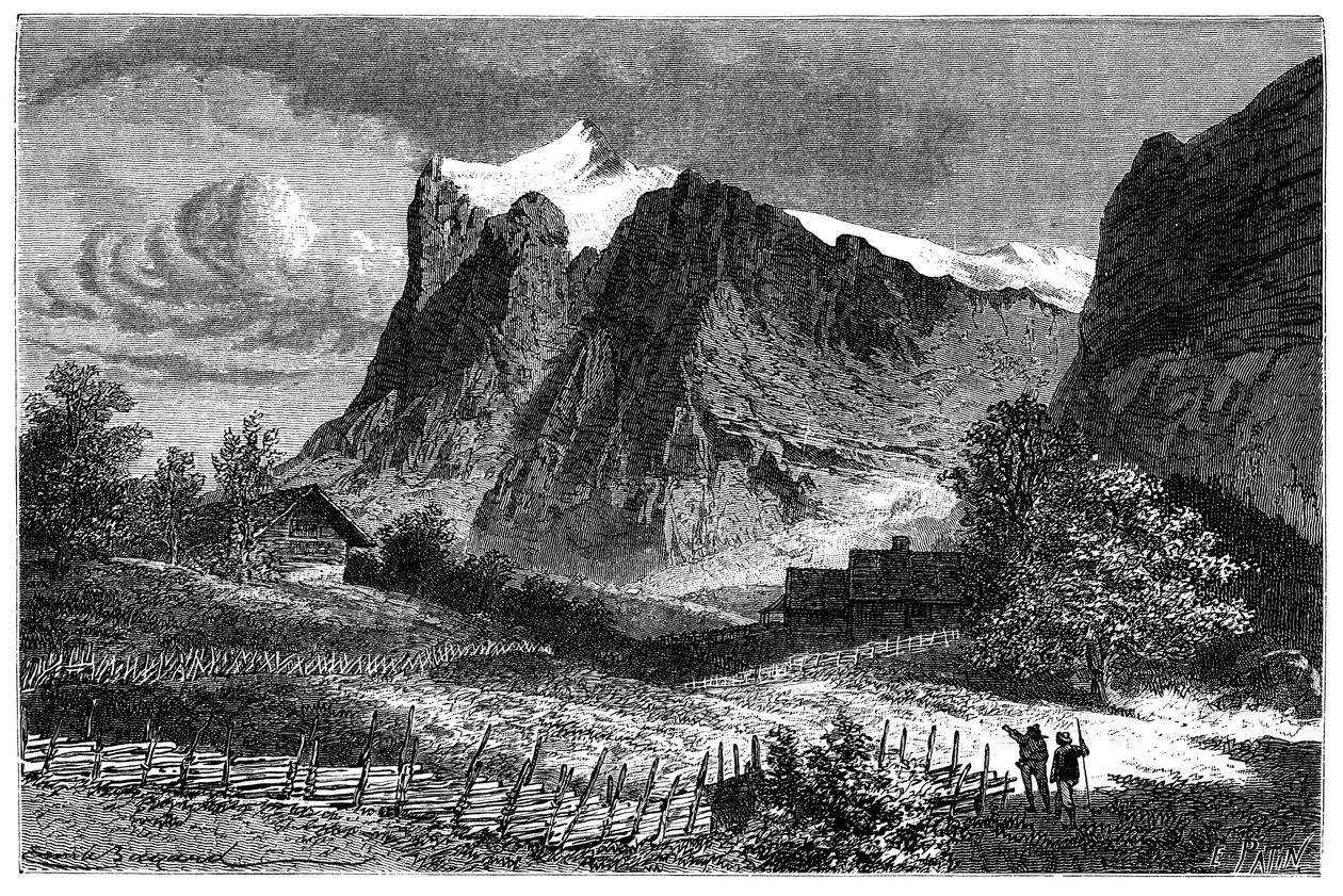Pohled na švýcarské Alpy. Ilustrace Emile Bayard ke knize Les Montagnes d