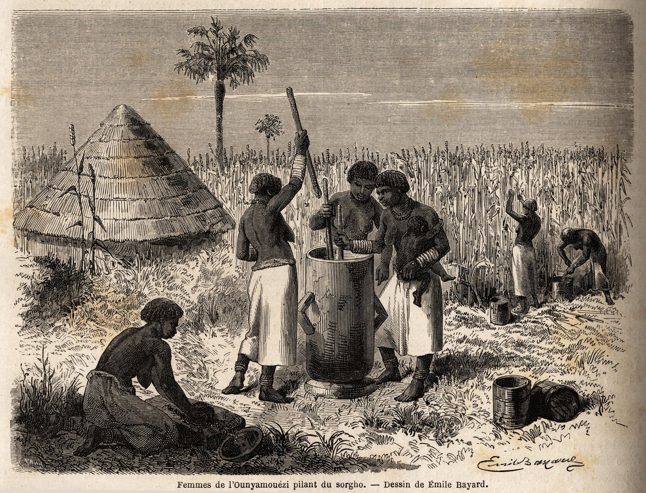Ženy bušící do čiroku v ounyamouezi (oblast Velkých jezer, Afrika), kresba Emila Bayarda (1837-1891), ilustrující objevnou cestu kapitána Spekeho v Africe v letech 1860 až 1863. Rytina v „“ Le tour du monde““, upraveno od Edouarda Chartona od Emile Antoine Bayard