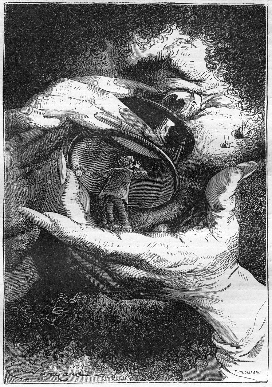 ilustrace románu Julese Verna „Around the Moon““, kresba Emile Bayard, vydání Hetzel/Voyages extraordinaire 1870. Astronaut Michel Ardan si představuje, že je pozorován obrem přes zvětšovací sklo (odkaz na Swiftův Gulliver) od Emile Antoine Bayard