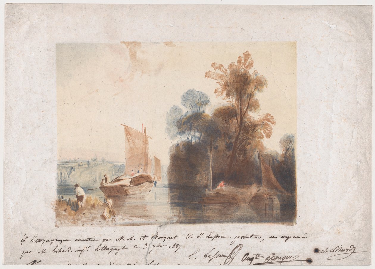 Krajina s řekou a čluny, 1837 od Emile Aubert Lessore