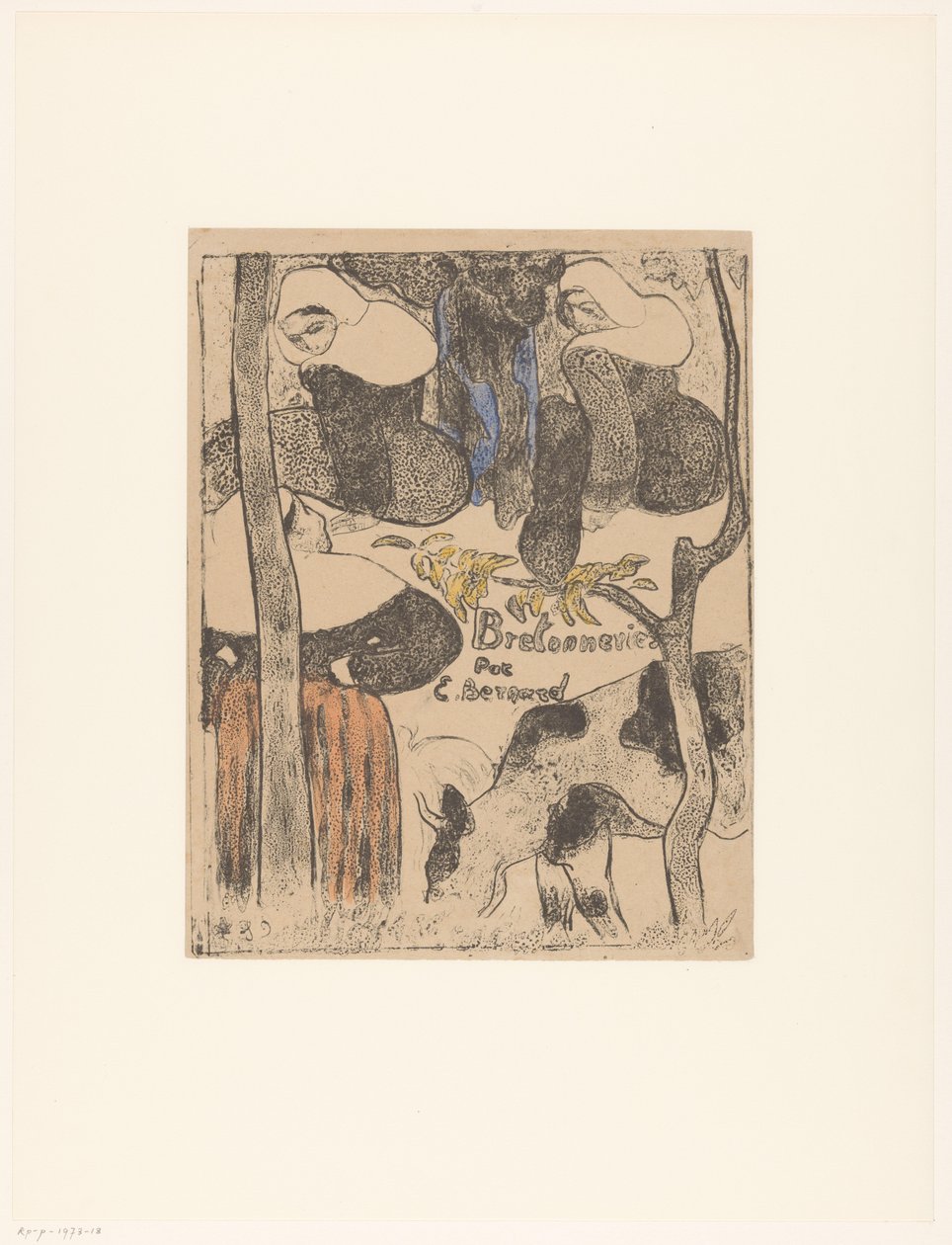 Tři bretaňské ženy a krávy Titulní tisk pro: Émile Bernard, Bretonneries, 1889 Bretonnes et vache Breton ženy (název série) Bretonnes (název série na objektu) od Emile Bernard