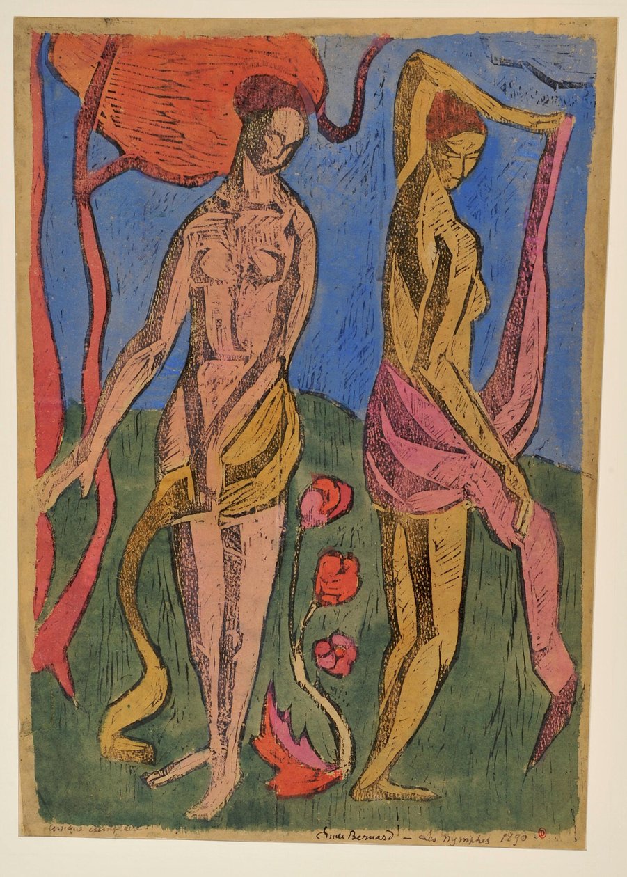 Die Nymphen: Badende mit roten Blumen od Emile Bernard