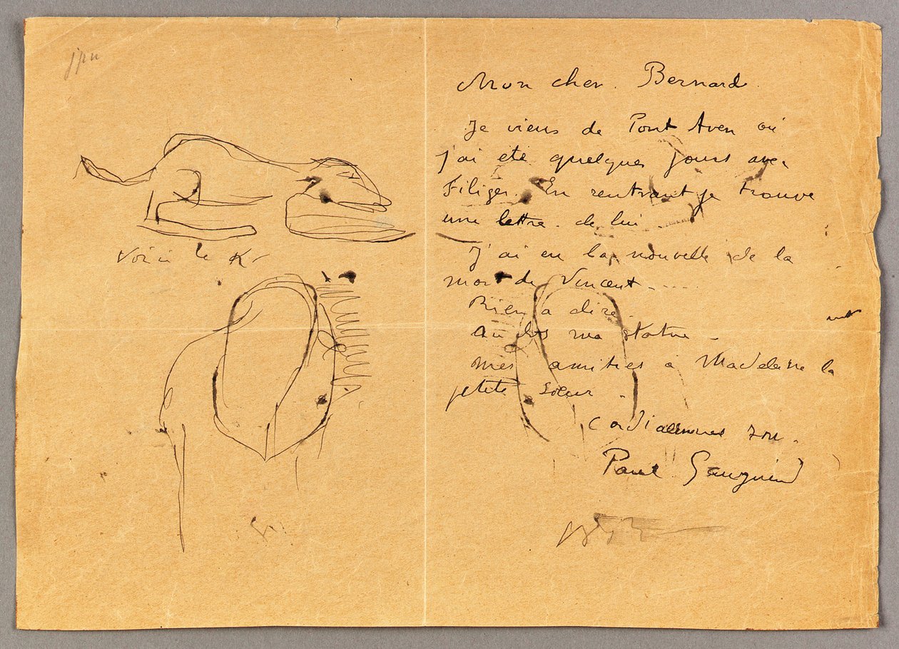 Dopis Emile Bernardovi se třemi inkoustovými náčrtky s poznámkou smrti „Vincenta“, Tahiti, 90. léta 19. století od Emile Bernard