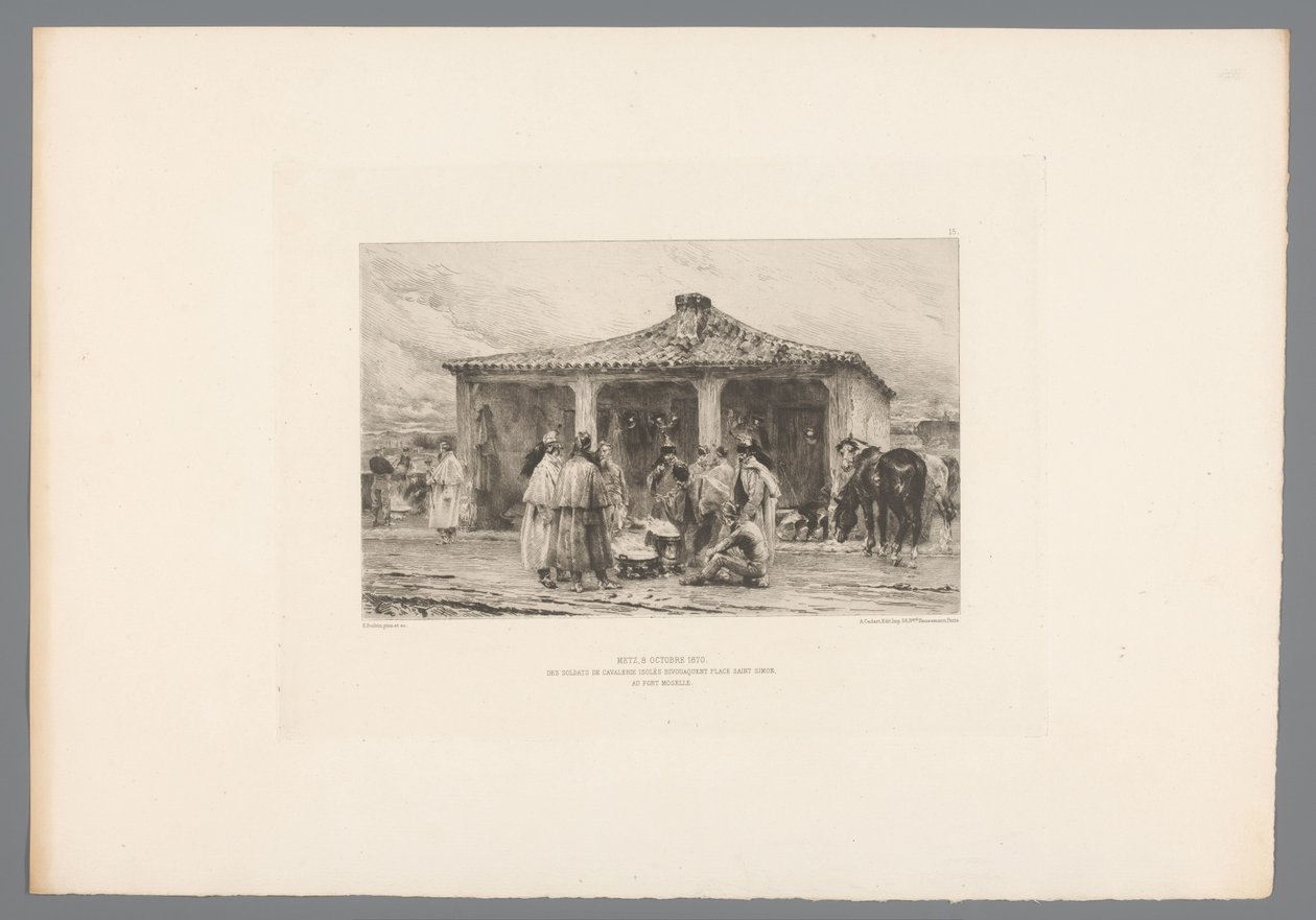 Skupinový voják v táboře Metz 8. října 1870/ Izolovaný bivak jezdeckých vojáků na Place Saint Simon ve Fort Moselle (titul na předmětu) Francie etsen uit 1875 (název série) Lept v roce 1875 (název série) od Emile Boilvin