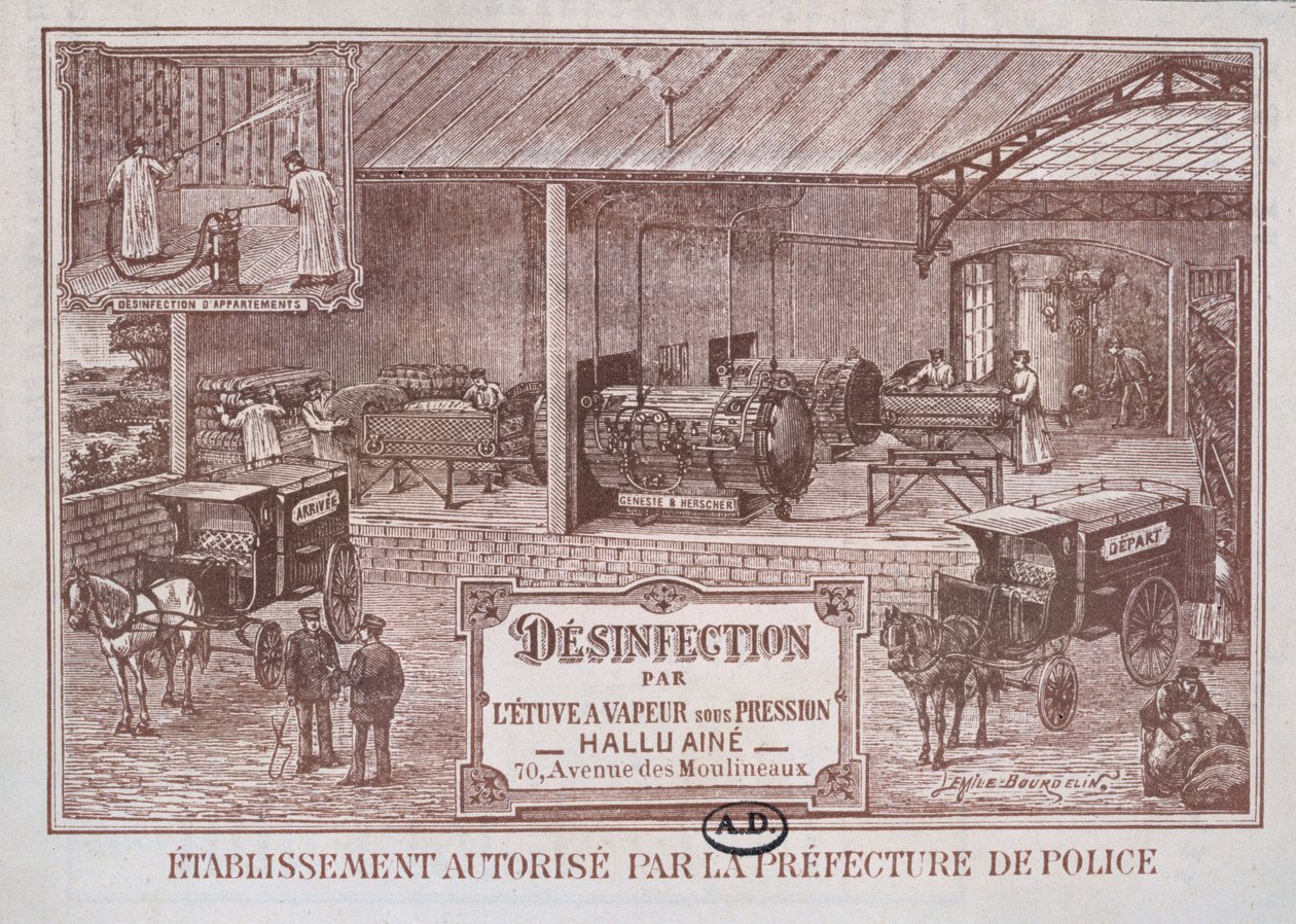 Plakátová reklama Machinery for Desinfection by Steam produkoval Hallu Aine, konec devatenáctého století od Emile Bourdelin