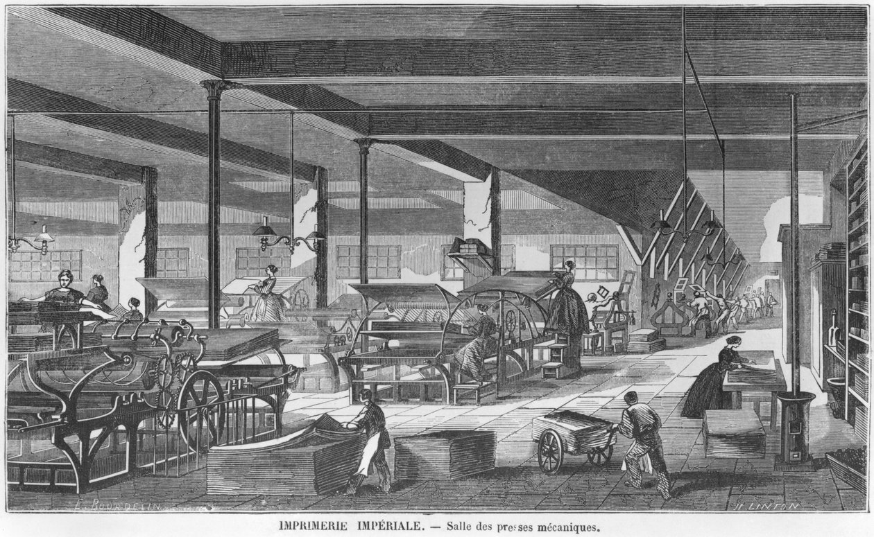 Tiskárna Imperial Printing Works, ilustrace z „Les Grandes Usines“ od Juliena Turgana, vyryla Henry Duff Linton (1815-99) kolem roku 1880 od Emile Bourdelin