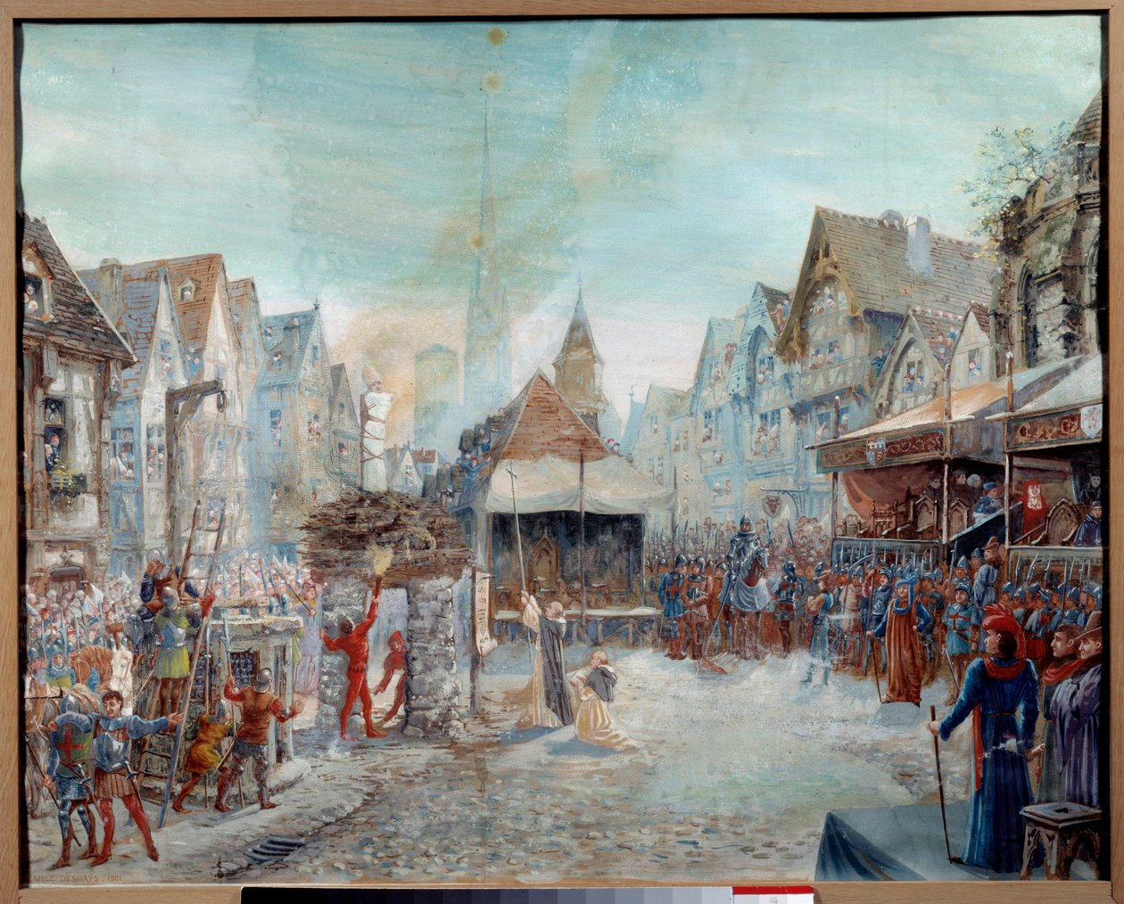 Stoletá válka: „“ Johanka z Arku (1412-1431) je vedena na řezníka““ (Place du Vieux-Marche v Rouenu). Obraz Emile Deshayse (1875-1946) 1901. Sun. 0,73x0,6 m Rouen, Musee des Beaux Arts Pozor! Použití tohoto díla může být předmětem třetí strany aut od Emile Deshays