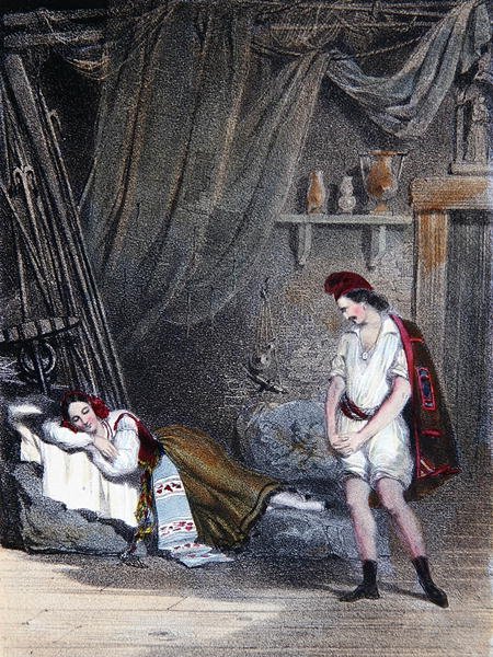 Scéna zobrazující němou dívku Fenellu spící v chýši se svým bratrem Masaniellem: IV. dějství z opery „La Muette de Portici“ od Aubera, kolem roku 1835 (barevné lito) od Emile Deshays