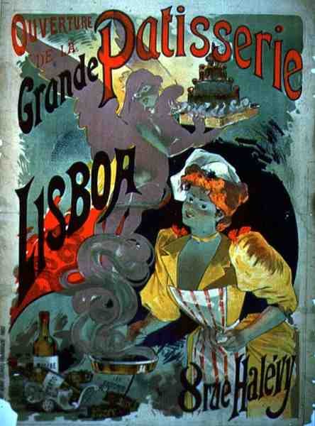 Plakát inzerující „Otevření Grande Patisserie Lisboa“ v Paříži, c. 1895 (barevné lito) od Emile Georges Giran