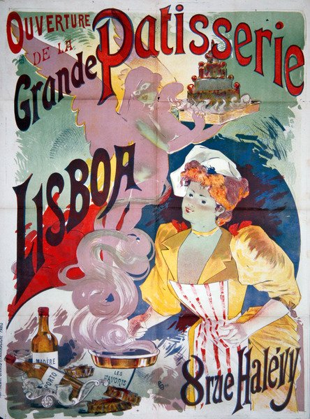 Plakát inzerující „Otevření Grande Patisserie Lisboa“ v Paříži, c. 1895 (barevné lito) od Emile Georges Giran