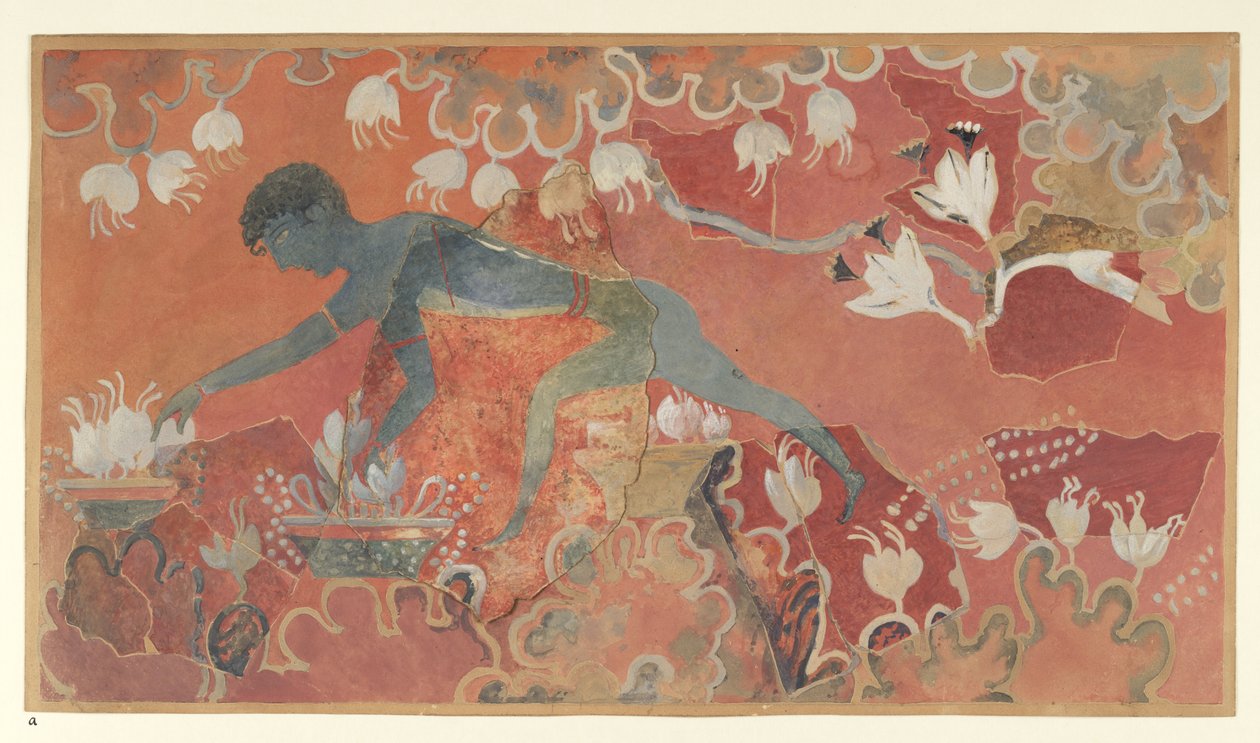 Freska Malba Modré opice Sběrače šafránů z Paláce Minos v Knossosu (Evans Fresco Drawing L/3 a)), cca 1921 (papír, pigment) od Emile Gilliéron