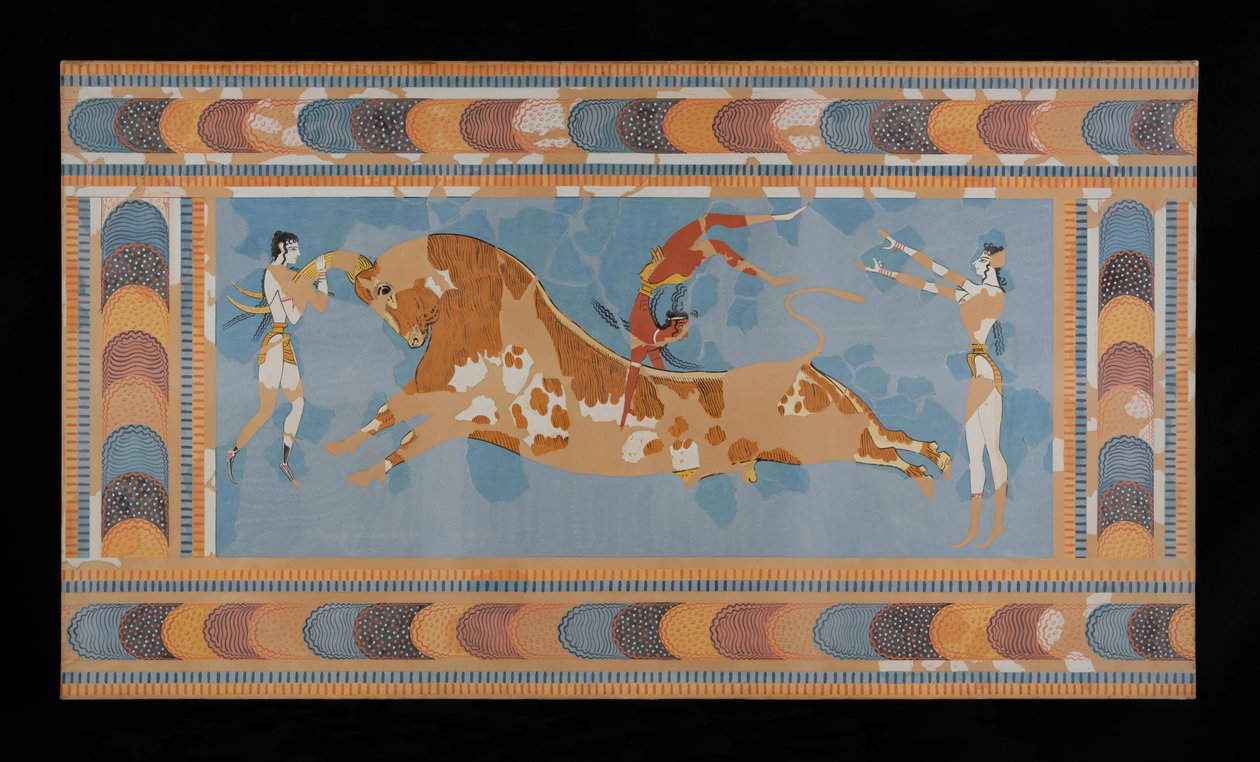 Obraz zrestaurované Taureadorské fresky z Paláce Minos v Knossosu (Evans Fresco Drawing N/4) od Emile Gilliéron